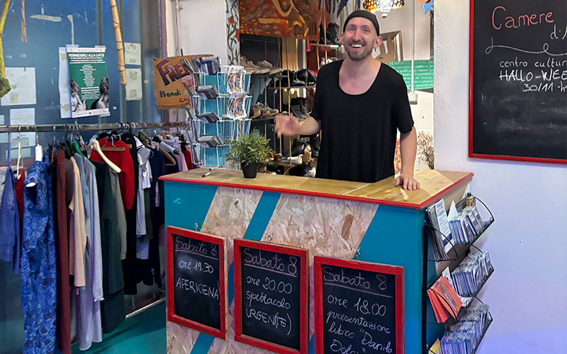 Ronnie Kommene at the desk of Camere d'aria in Bologna